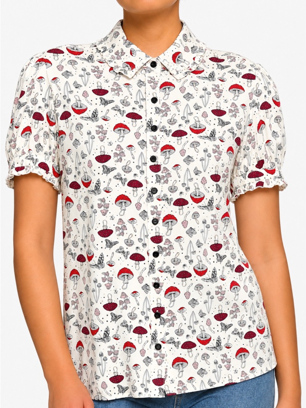 Hot Topic 97% Rayon Mushroom Print Short Sleeve Shirt - White/Red (294)